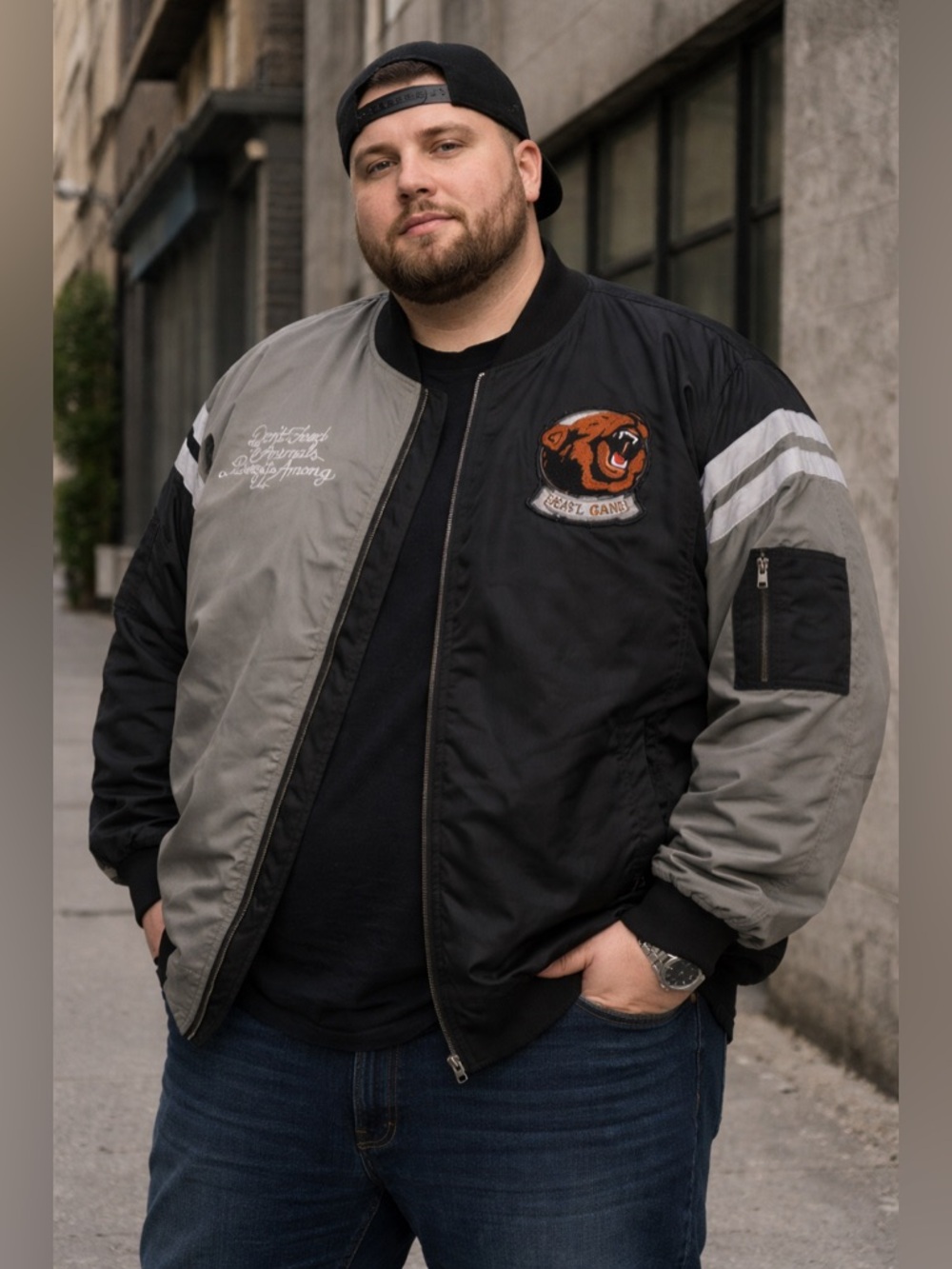 Hustle Gang 3XL Grey Black Split Panel Embroidered Lined Bomber Jacket RARE